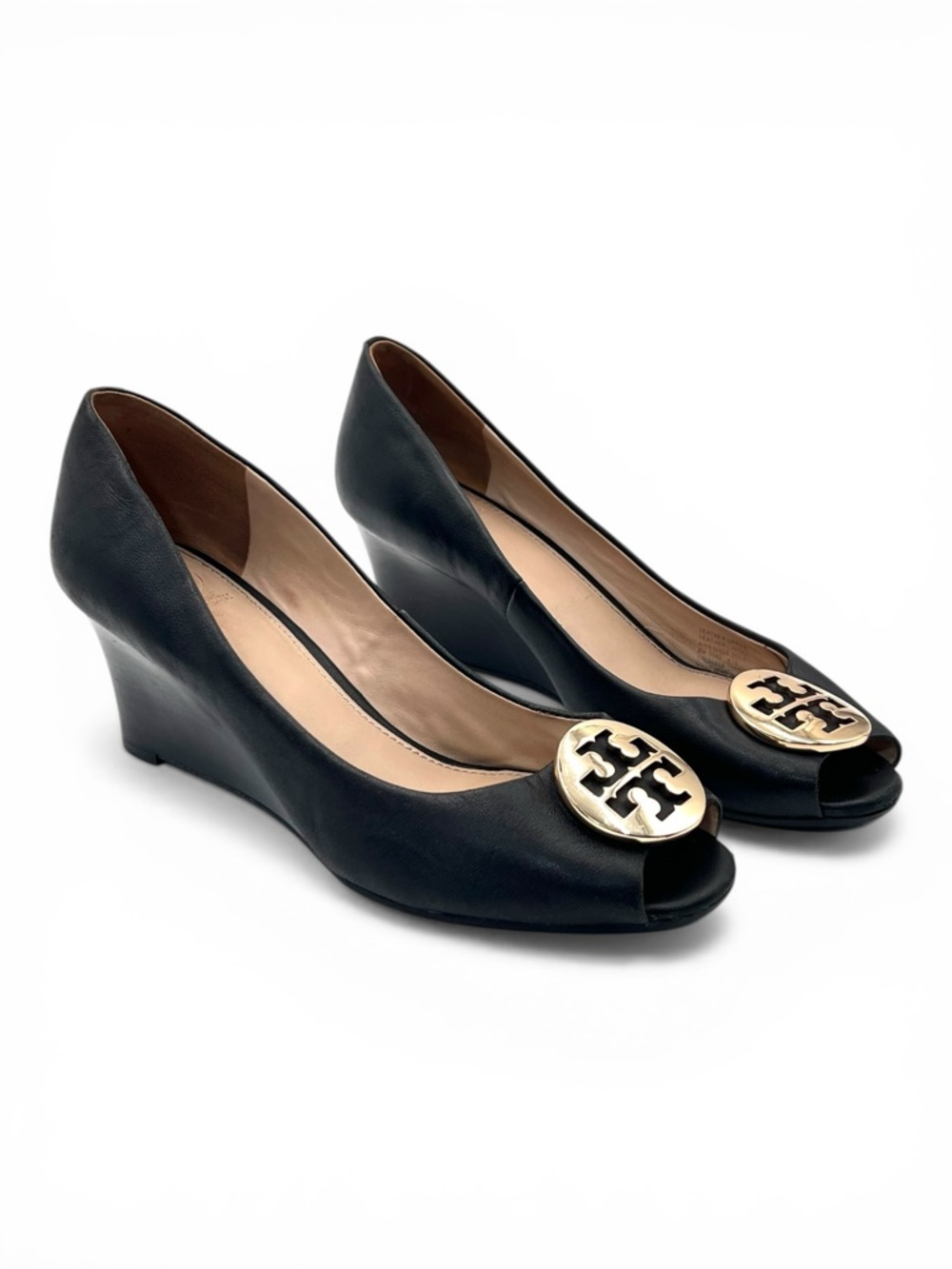 Tory Burch Sally Peep Toe Wedge Pumps Black Leather Gold Medallion Logo Size 8